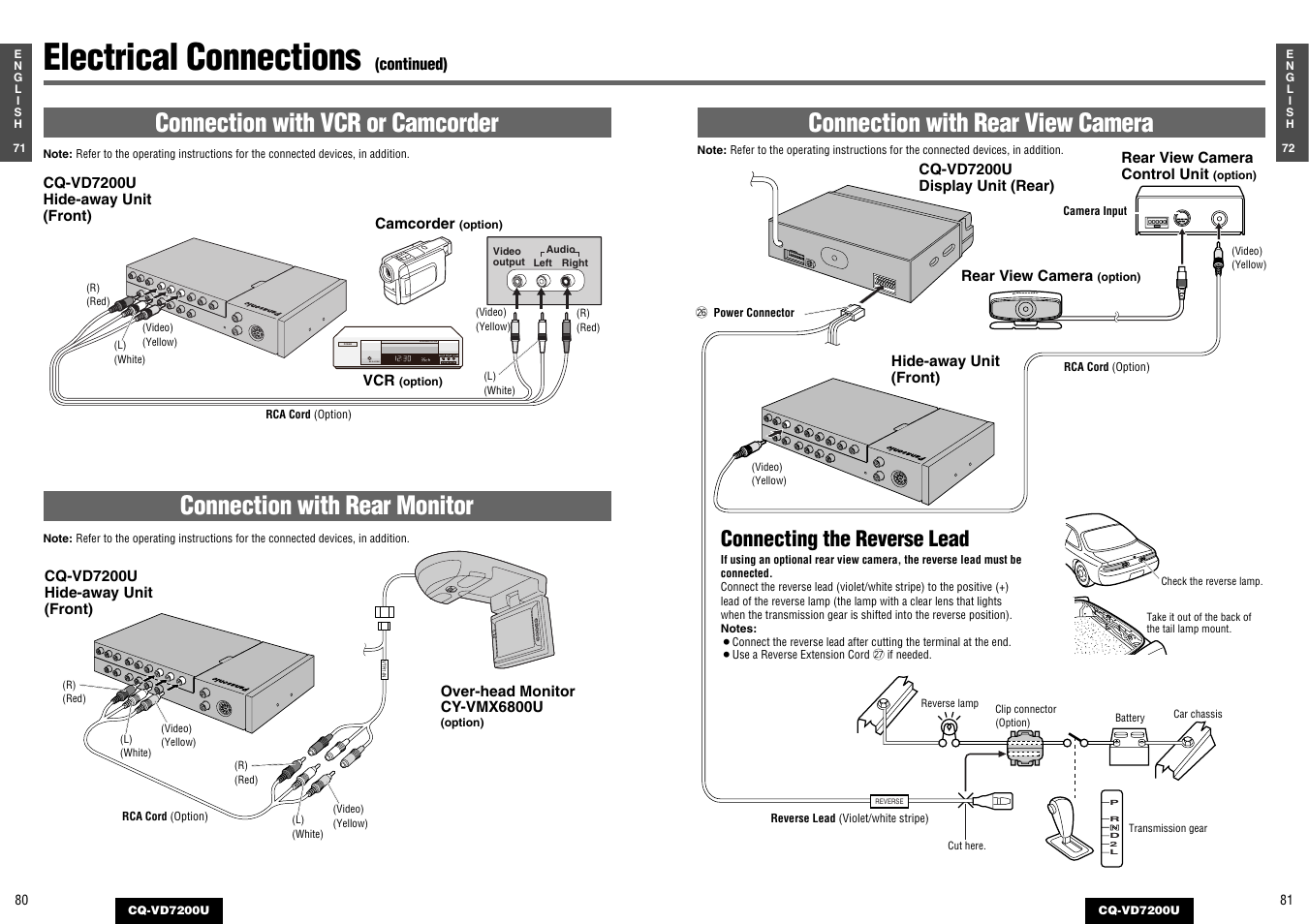 Electrical connections, Connection with rear view camera, Connection with vcr or camcorder | Connection with rear monitor, Connecting the reverse lead, Panasonic, Intelligent system bs g-code power | Panasonic CQ-VD7200U User Manual | Page 39 / 47