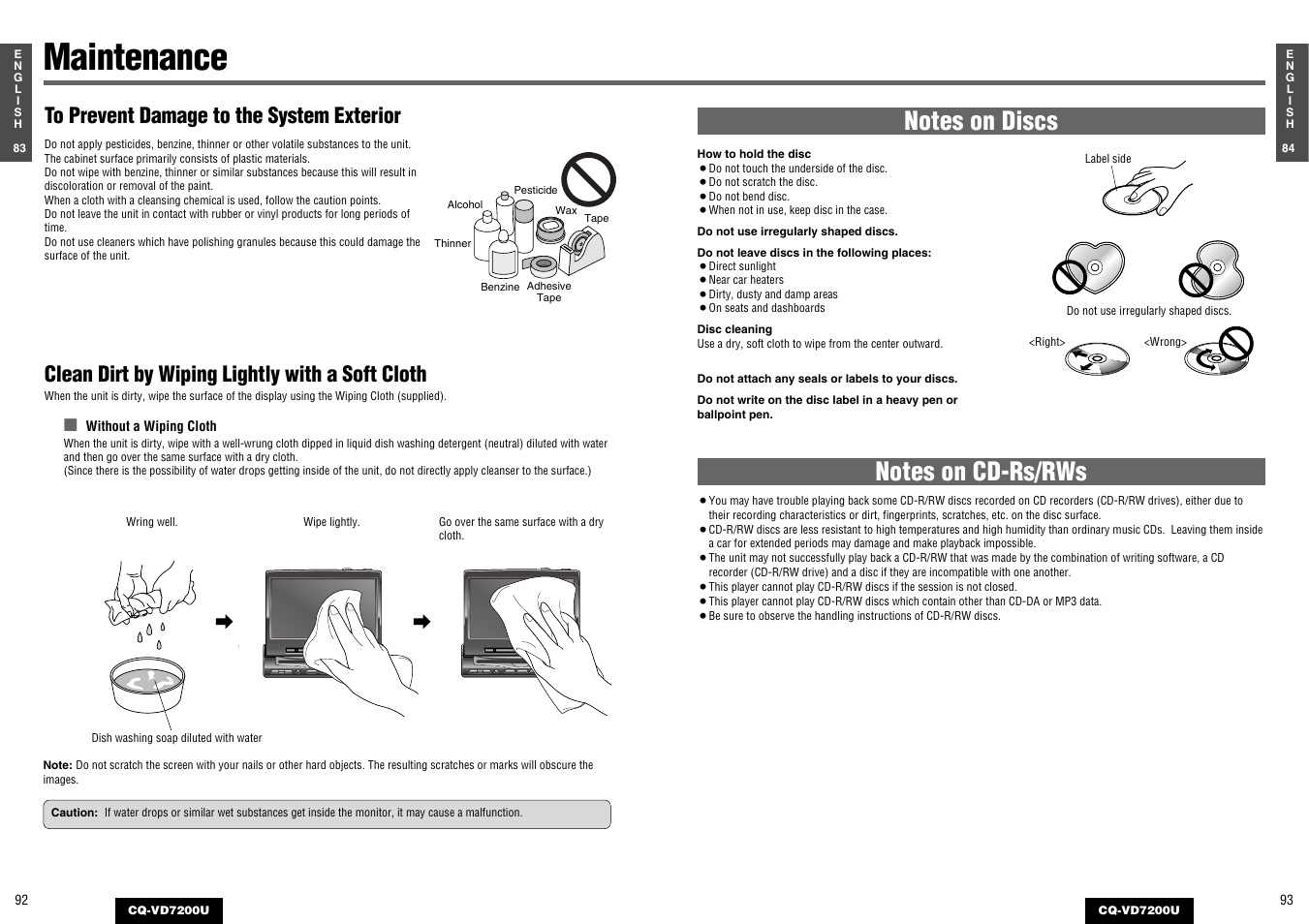 Maintenance, Clean dirt by wiping lightly with a soft cloth | Panasonic CQ-VD7200U User Manual | Page 45 / 47