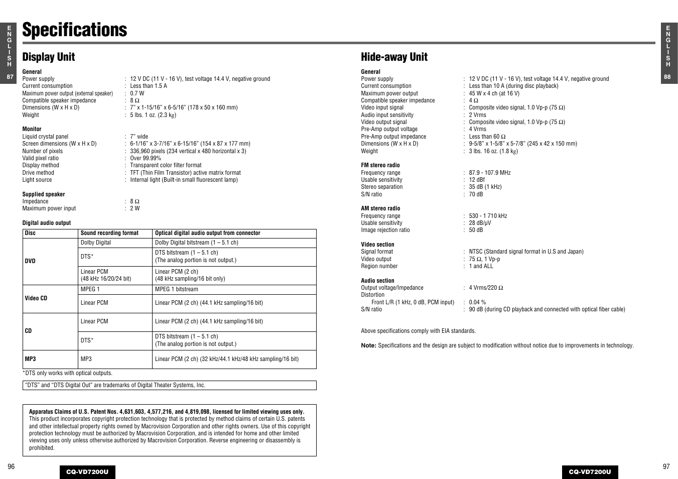 Specifications, Hide-away unit, Display unit | Panasonic CQ-VD7200U User Manual | Page 47 / 47