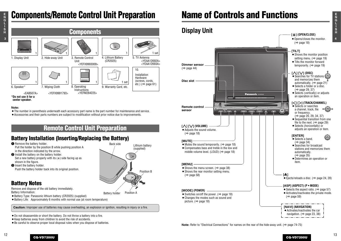 Components/remote control unit preparation, Name of controls and functions, Display unit | Remote control unit preparation, Components, Battery installation, Inserting/replacing the battery) | Panasonic CQ-VD7200U User Manual | Page 5 / 47