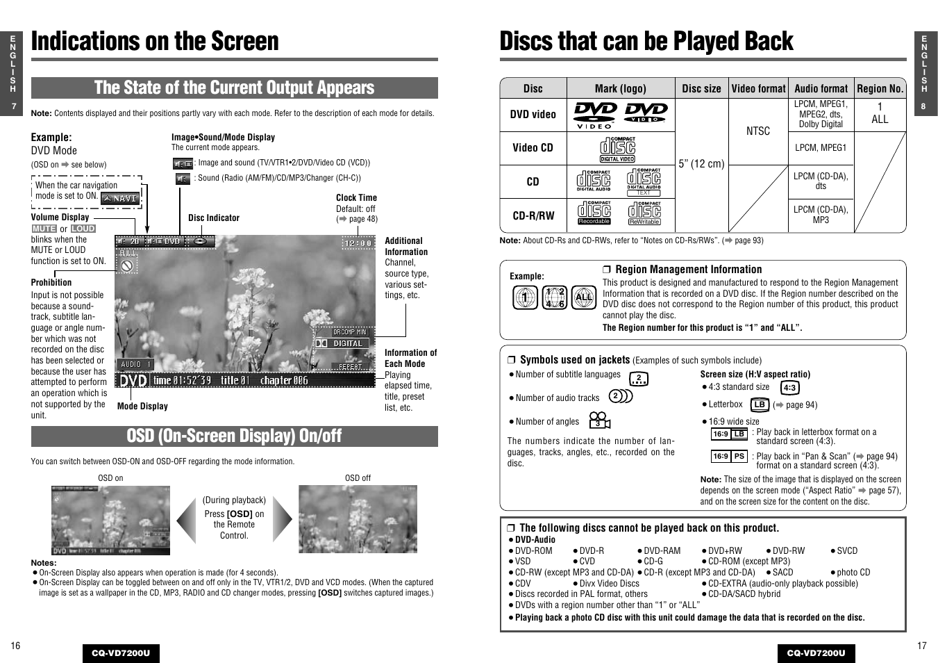Indications on the screen, Discs that can be played back | Panasonic CQ-VD7200U User Manual | Page 7 / 47