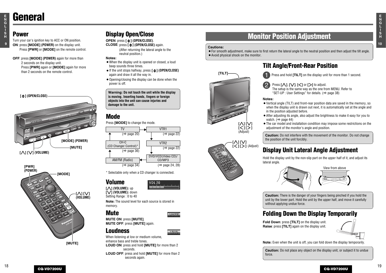 General, Monitor position adjustment, Tilt angle/front-rear position | Display open/close, Power, Mode, Volume, Mute, Loudness, Tilt | Panasonic CQ-VD7200U User Manual | Page 8 / 47