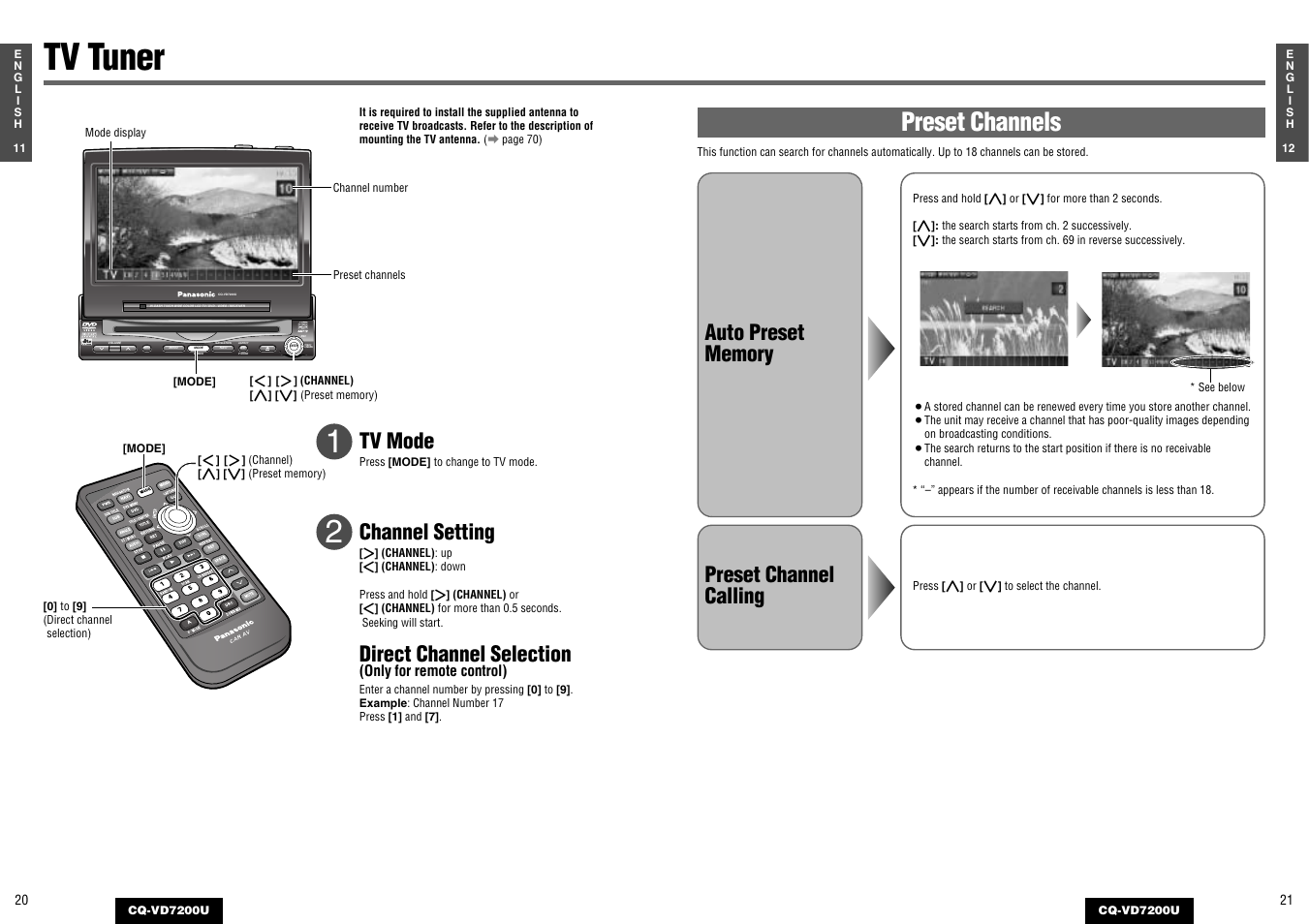 Tv tuner, Preset channels, Preset channel calling | Tv mode, Channel setting, Direct channel selection, Navigation aspect p·mode power, Disc track/ channel | Panasonic CQ-VD7200U User Manual | Page 9 / 47