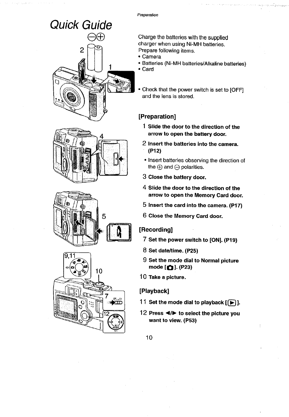 Preparation, Recording, Playback | Quick guide | Panasonic DMC-LC43A User Manual | Page 10 / 96