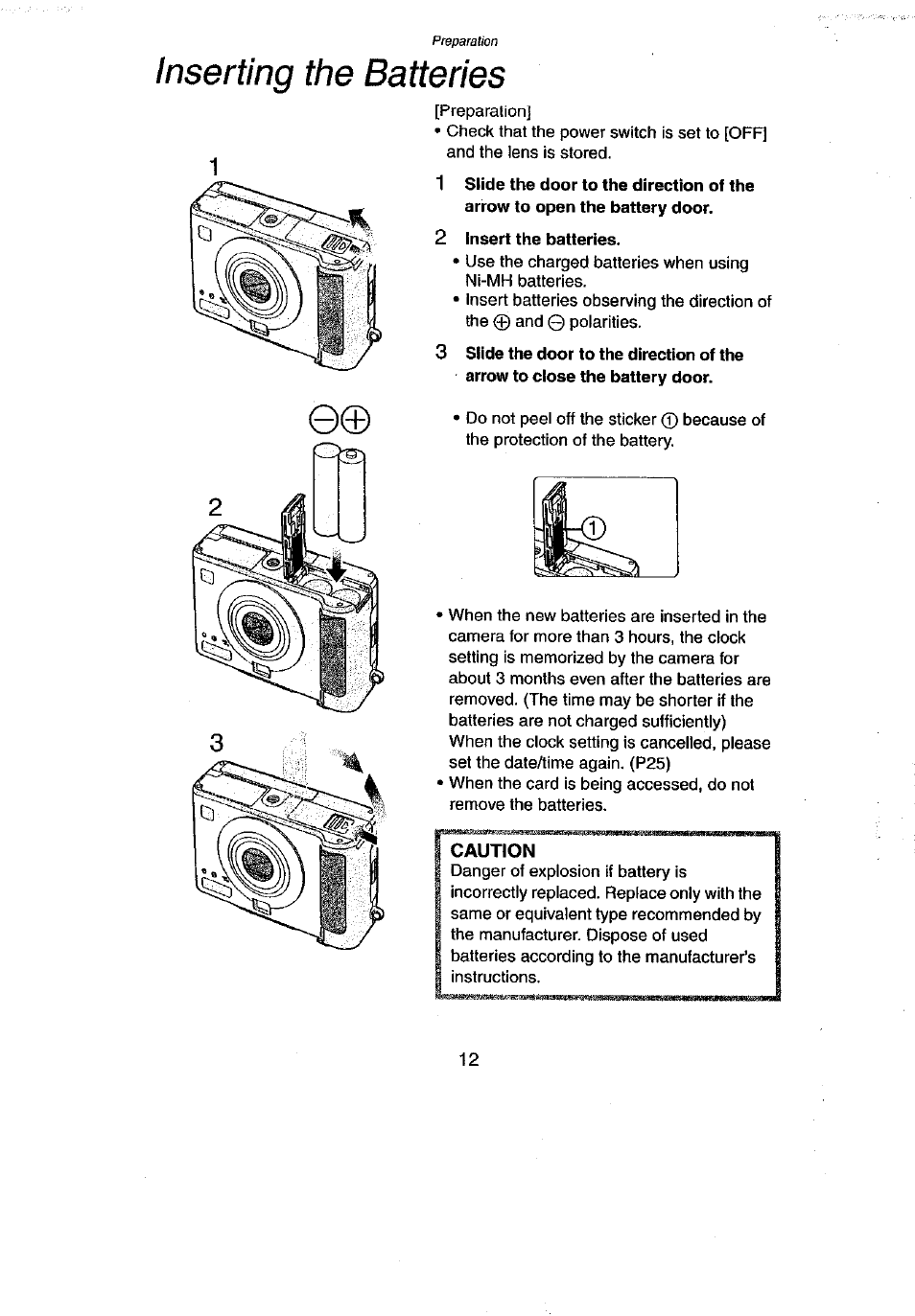 Inserting the batteries, 2 insert the batteries, Caution | Panasonic DMC-LC43A User Manual | Page 12 / 96