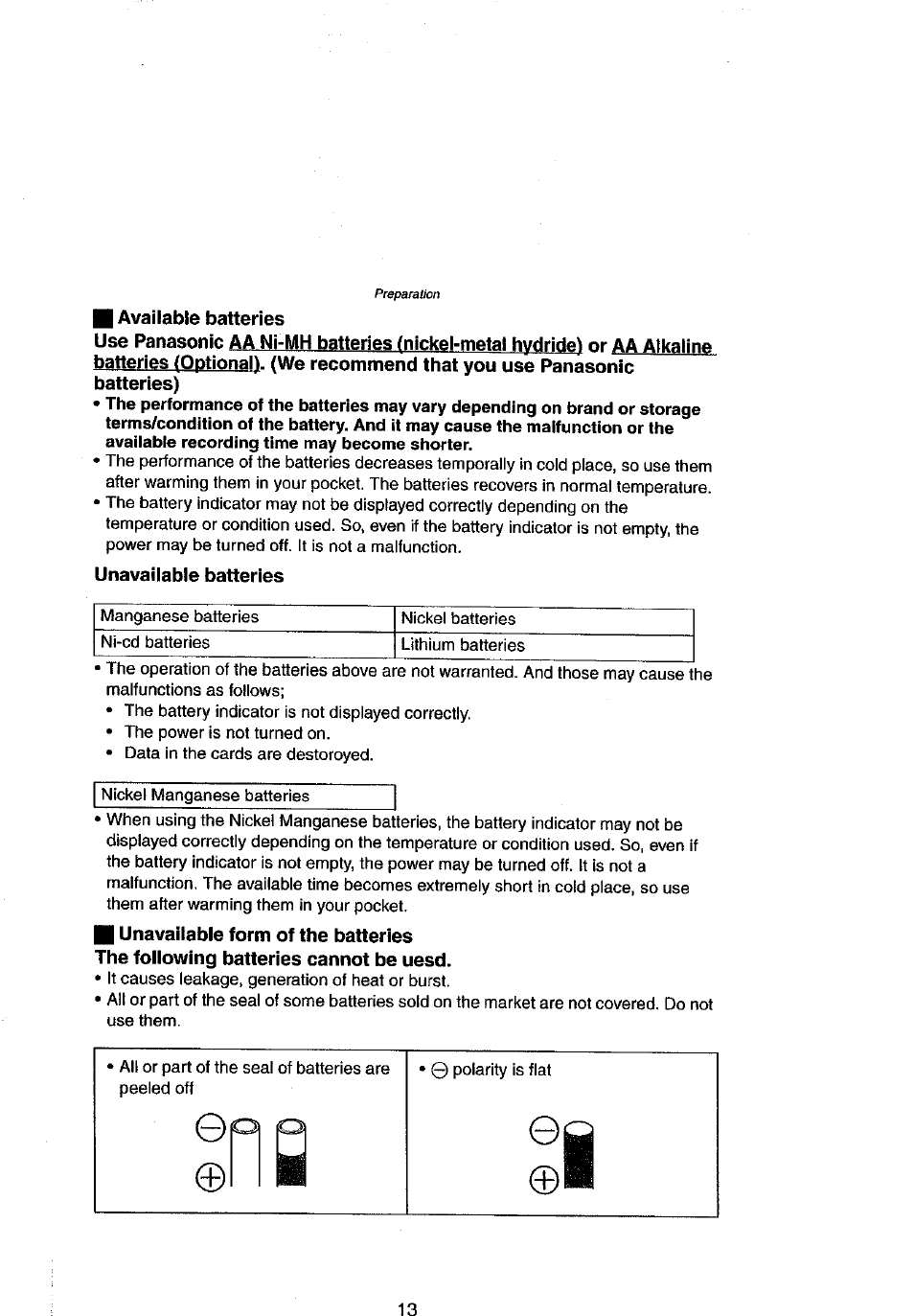 H available batteries, Batteries), Unavailable batteries | Panasonic DMC-LC43A User Manual | Page 13 / 96