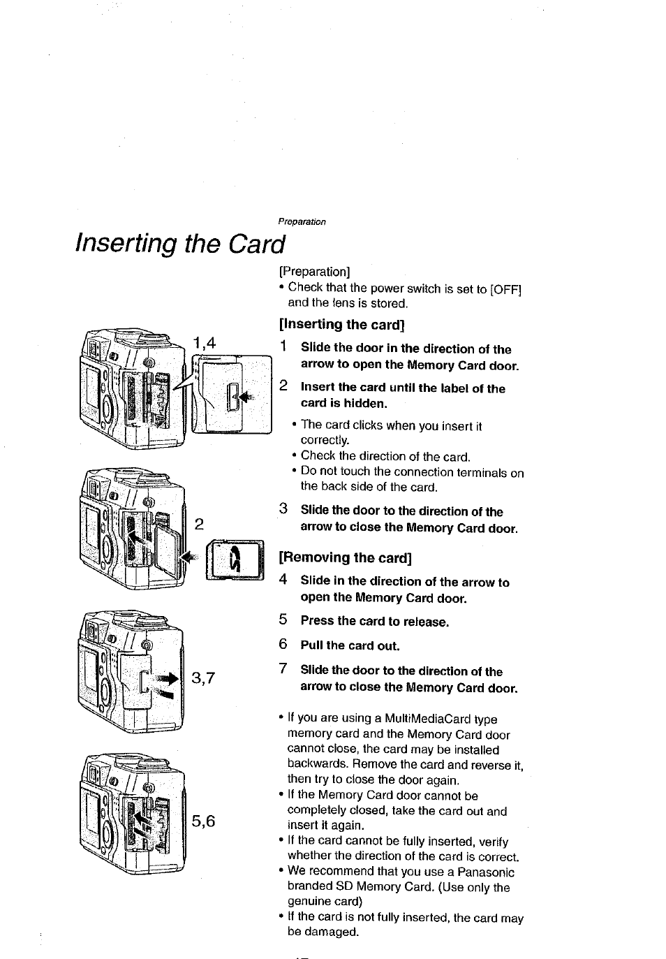 Inserting the card, Removing the card | Panasonic DMC-LC43A User Manual | Page 17 / 96