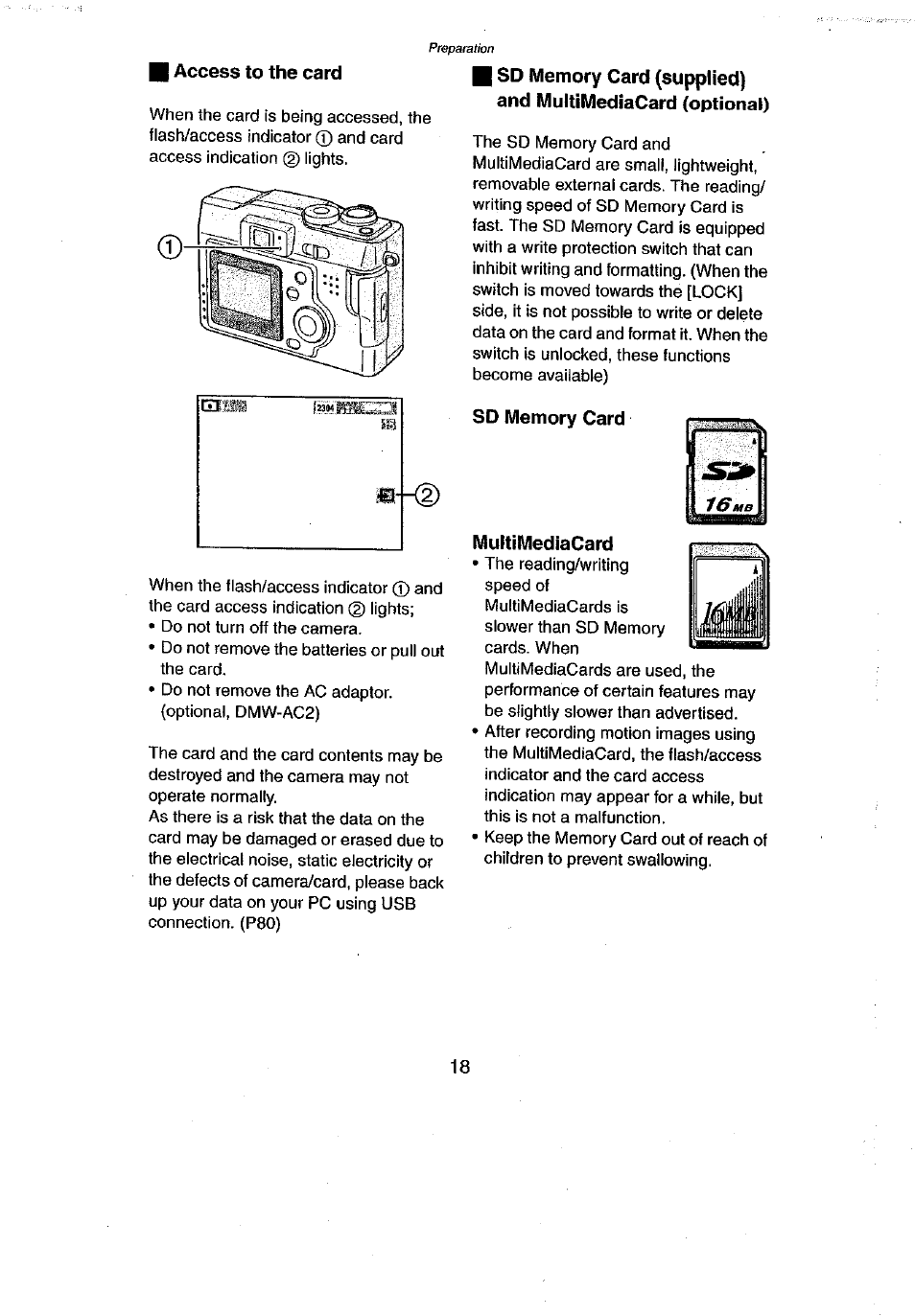 Access to the card, Sd memory card, Multimediacard | Panasonic DMC-LC43A User Manual | Page 18 / 96