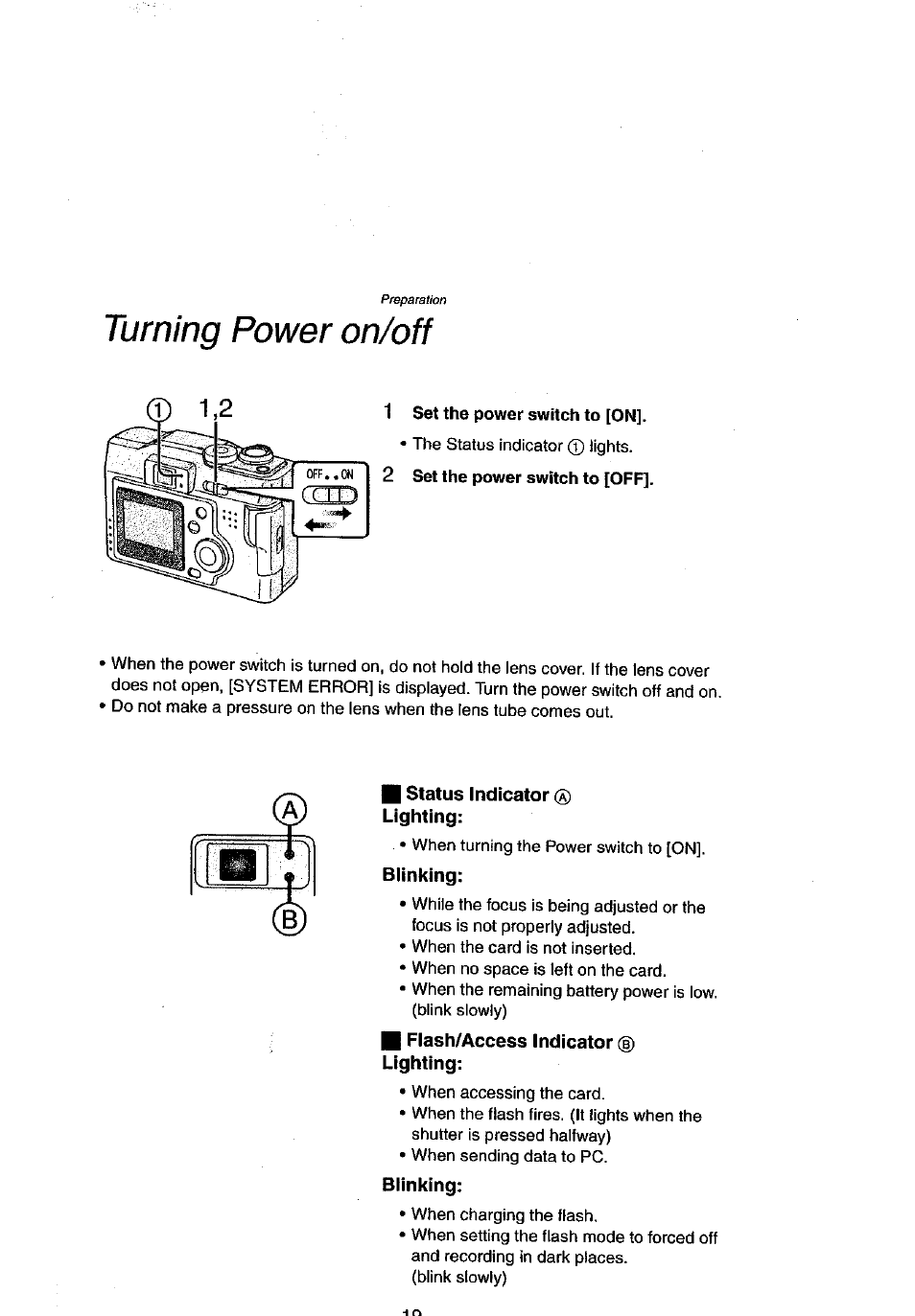 Turning power on/off, Status indicator, Lighting | Blinking, B flash/access indicator | Panasonic DMC-LC43A User Manual | Page 19 / 96