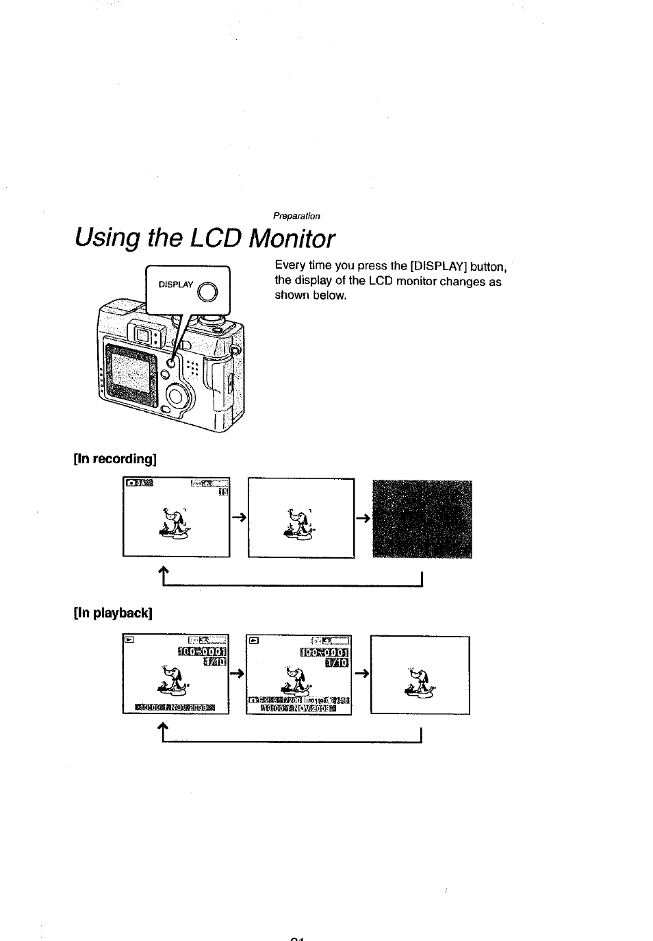 In recording, In playback, Using the lcd monitor | Panasonic DMC-LC43A User Manual | Page 21 / 96
