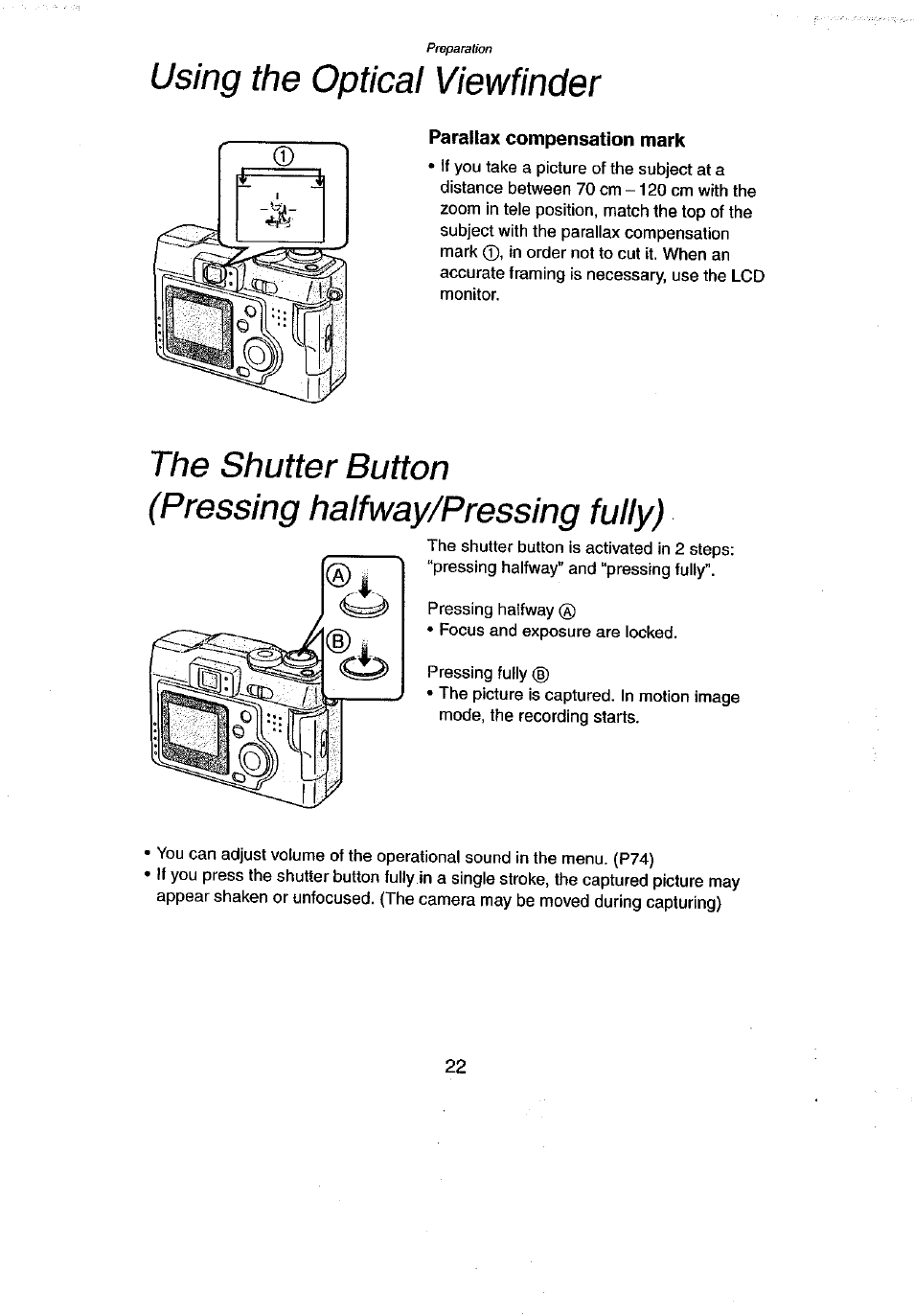 Parallax compensation mark, Using the optical viewfinder | Panasonic DMC-LC43A User Manual | Page 22 / 96