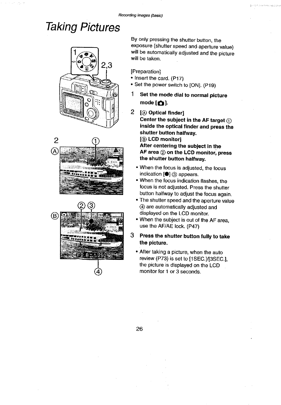 1 set the mode dial to normal picture mode [q1, 2 [® optical finder, Taking pictures | Panasonic DMC-LC43A User Manual | Page 26 / 96