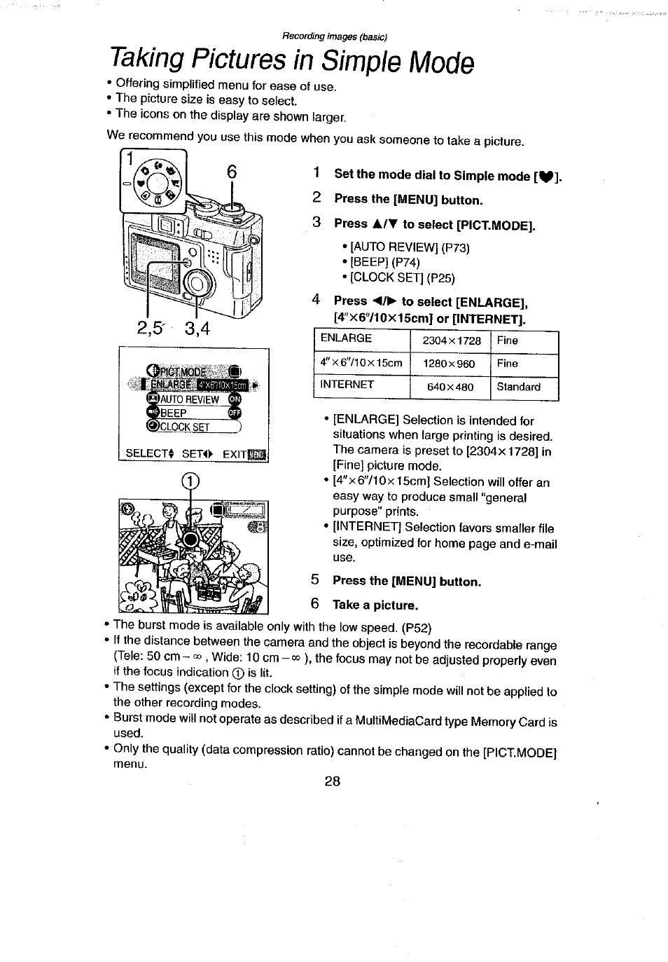 1 set the mode dial to simple mode [ v, 2 press the [menu] button, 3 press a/t to select [pict.mode | Take a picture, Taking pictures in simple mode | Panasonic DMC-LC43A User Manual | Page 28 / 96