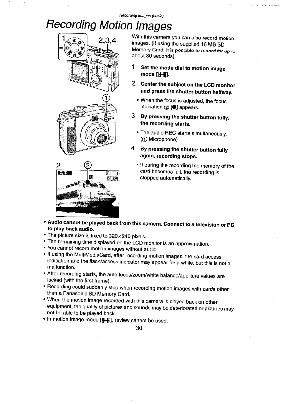 Recording motion images, 1 set the mode dial to motion image mode [ol | Panasonic DMC-LC43A User Manual | Page 30 / 96