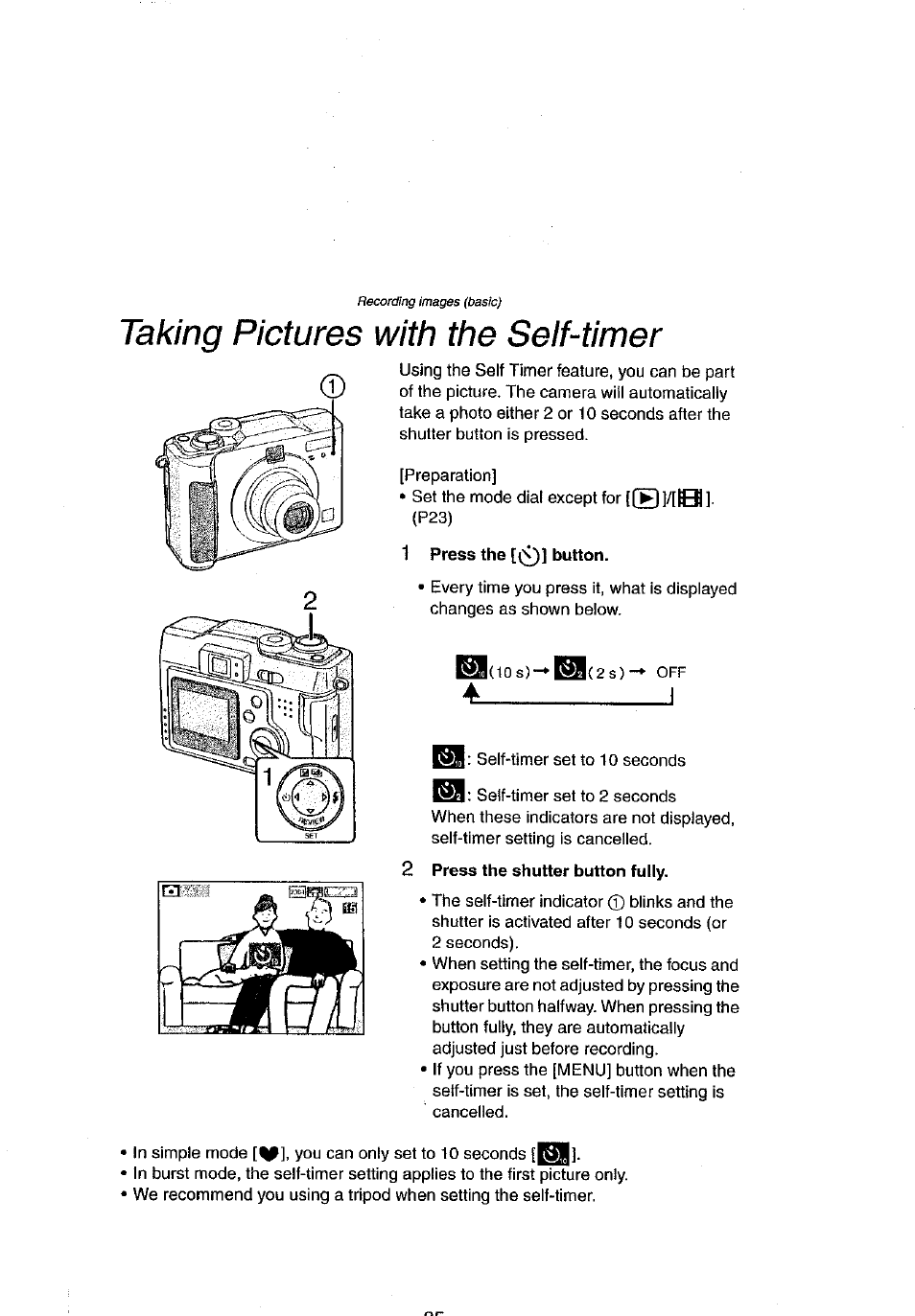 1 press the [(;^] button, 2 press the shutter button fully, Taking pictures with the self-timer | Panasonic DMC-LC43A User Manual | Page 35 / 96