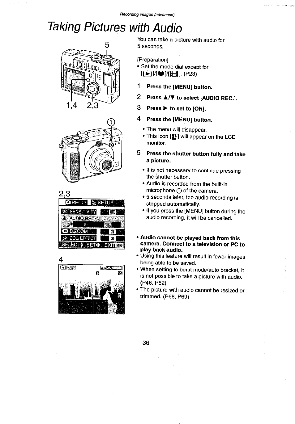 Taking pictures with audio, 1 press the [menu] button, 2 press a/t to select [audio rec | 3 press > to set to [on, 4 press the [menu] button, Hhri | Panasonic DMC-LC43A User Manual | Page 36 / 96