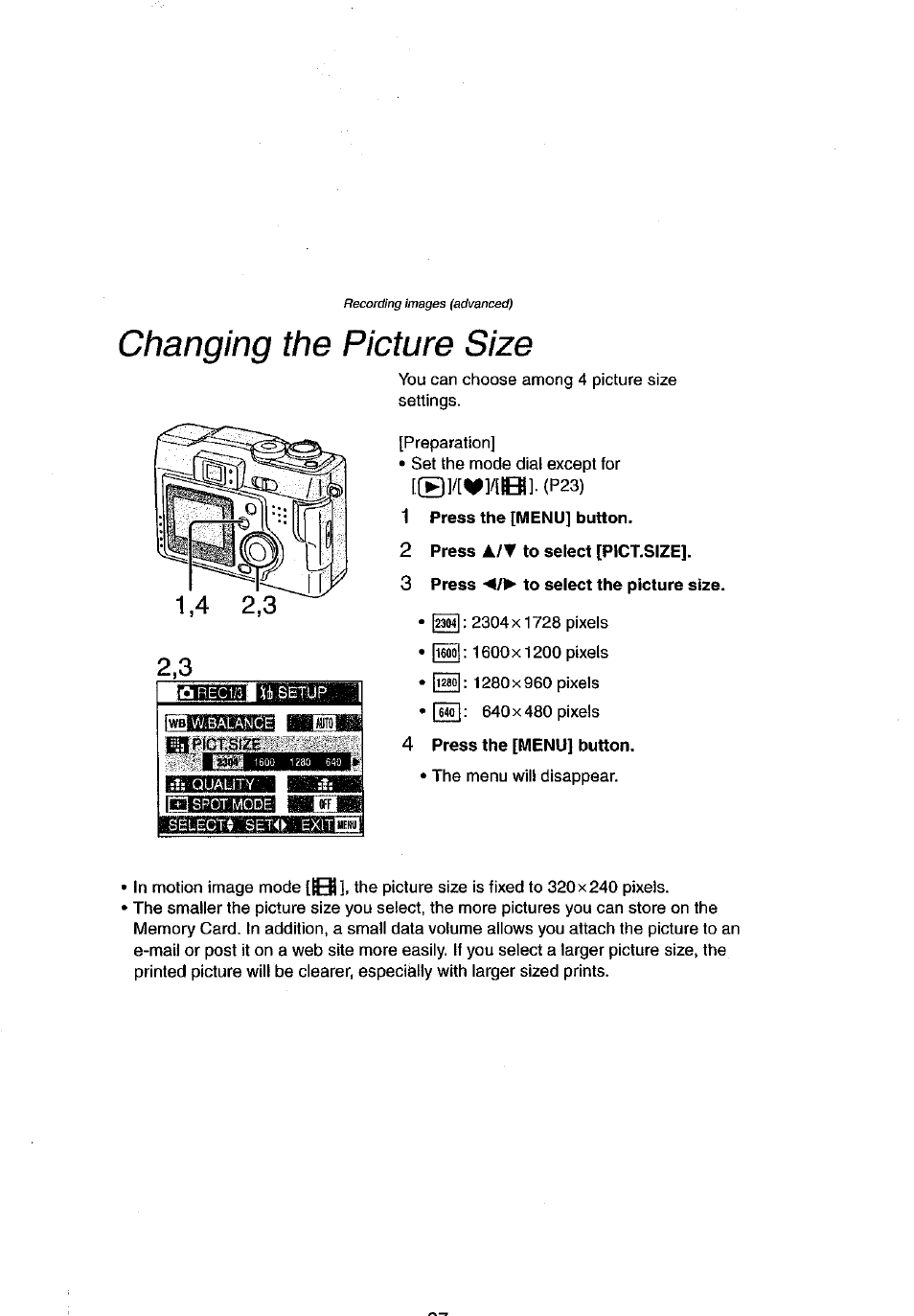 Changing the picture size, 2 press a/t to select [pict.size, 3 press to select the picture size | Press the [menu] button | Panasonic DMC-LC43A User Manual | Page 37 / 96