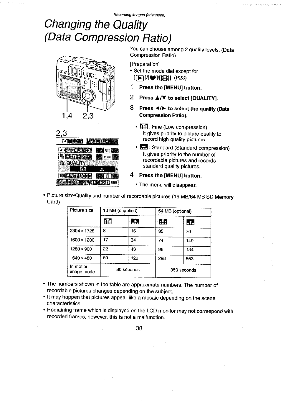 Changing the quality (data compression ratio), 2 press a/y to select [quality | Panasonic DMC-LC43A User Manual | Page 38 / 96