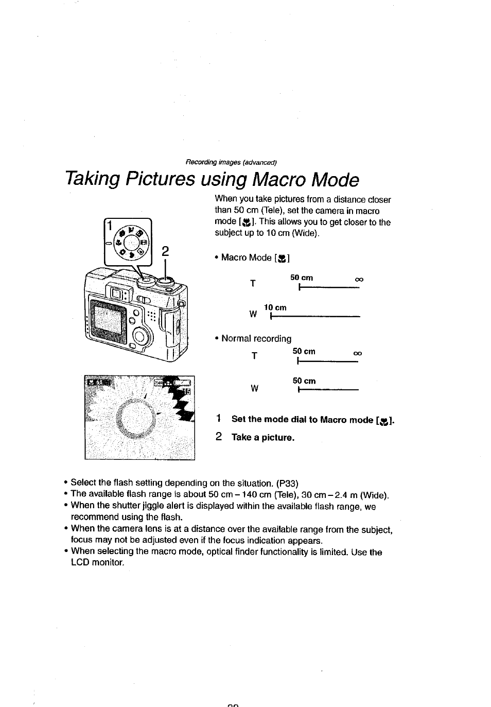 1 set the mode dial to macro mode, 2 take a picture, Taking pictures using macro mode | Panasonic DMC-LC43A User Manual | Page 39 / 96