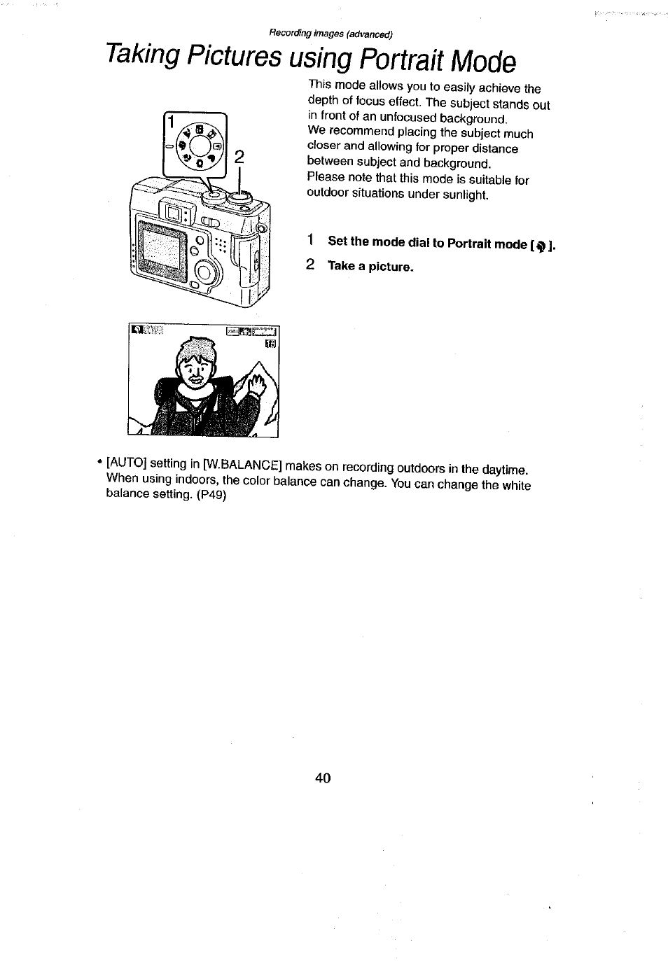 1 set the mode dial to portrait mode, 2 take a picture, Taking pictures using portrait mode | Panasonic DMC-LC43A User Manual | Page 40 / 96