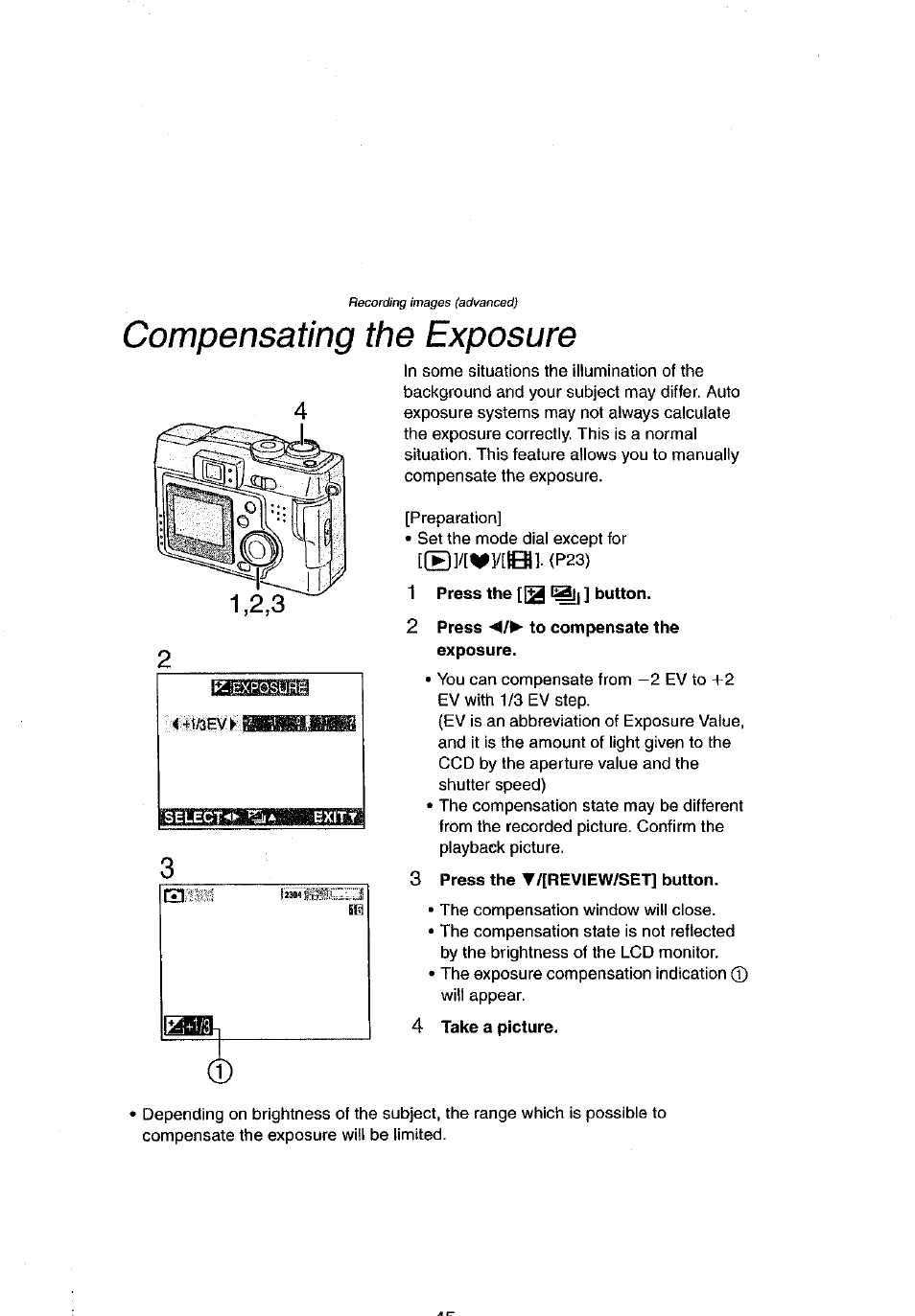 Compensating the exposure, 1 press the [¡^ l^ ] button, 2 press </>• to compensate the exposure | 4 take a picture | Panasonic DMC-LC43A User Manual | Page 45 / 96