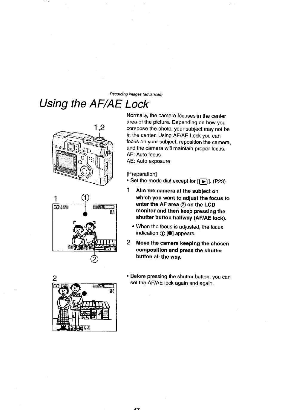 Using the af/ae lock | Panasonic DMC-LC43A User Manual | Page 47 / 96