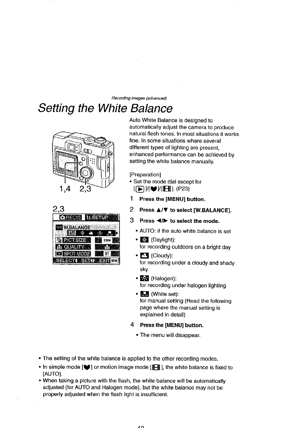 Setting the white balance, 1 press the [menu] button, 2 press a/t to select [w.balance | 3 press to select the mode, 4 press the [menu] button | Panasonic DMC-LC43A User Manual | Page 49 / 96