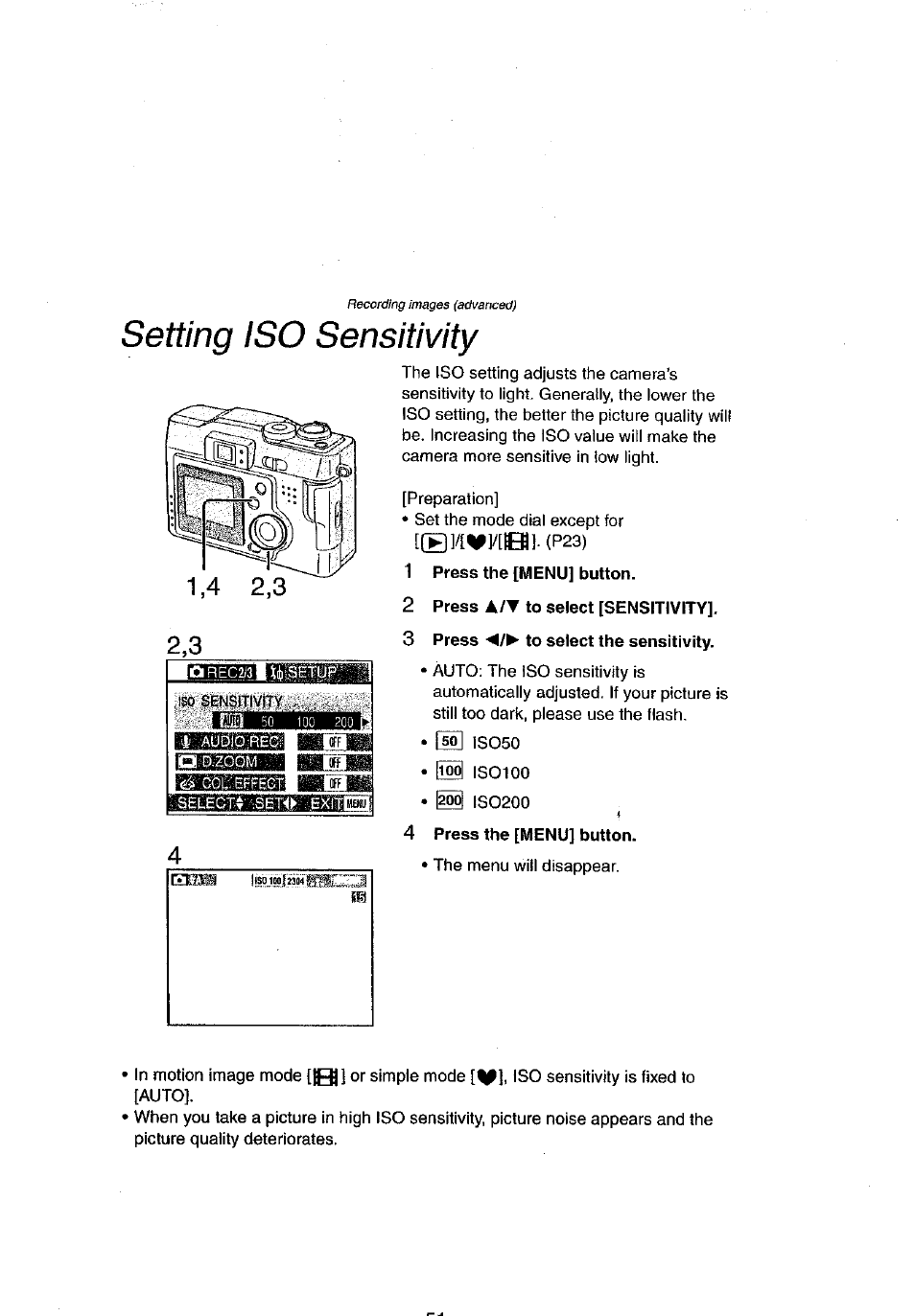 Setting iso sensitivity, 1 press the [menu] button, 2 press a/t to select [sensitivity | 3 press to select the sensitivity | Panasonic DMC-LC43A User Manual | Page 51 / 96