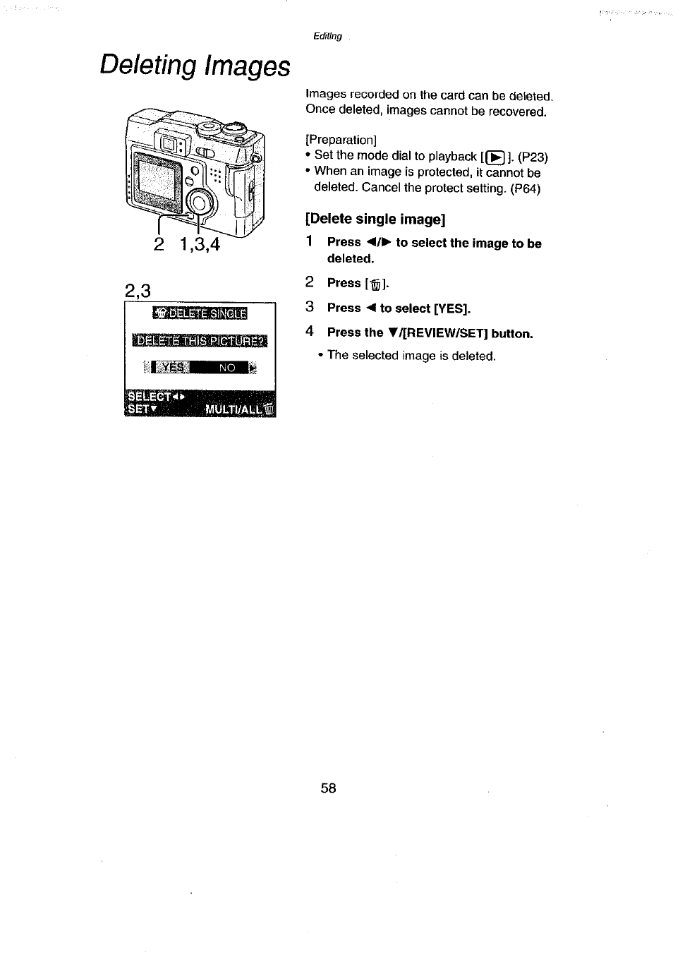Deleting images, Delete single image | Panasonic DMC-LC43A User Manual | Page 58 / 96