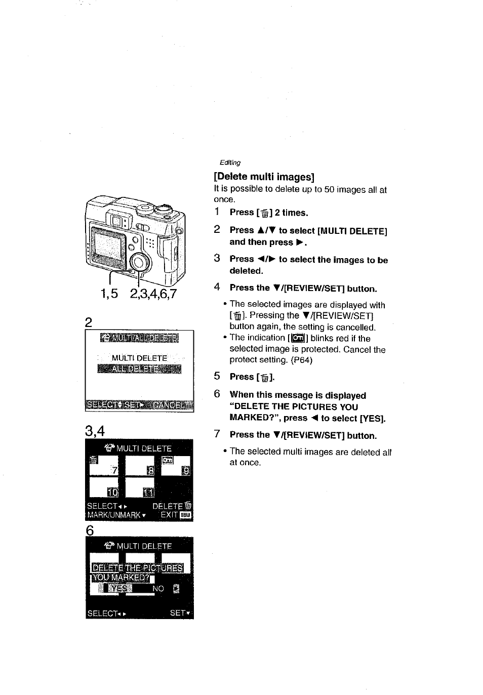 Delete multi images, Press a/t to select [multi delete] and then press, 3 press to select the images to be deleted | 4 press the ▼/[review/set] button, 5 press, 7 press the t/[review/set] button | Panasonic DMC-LC43A User Manual | Page 59 / 96