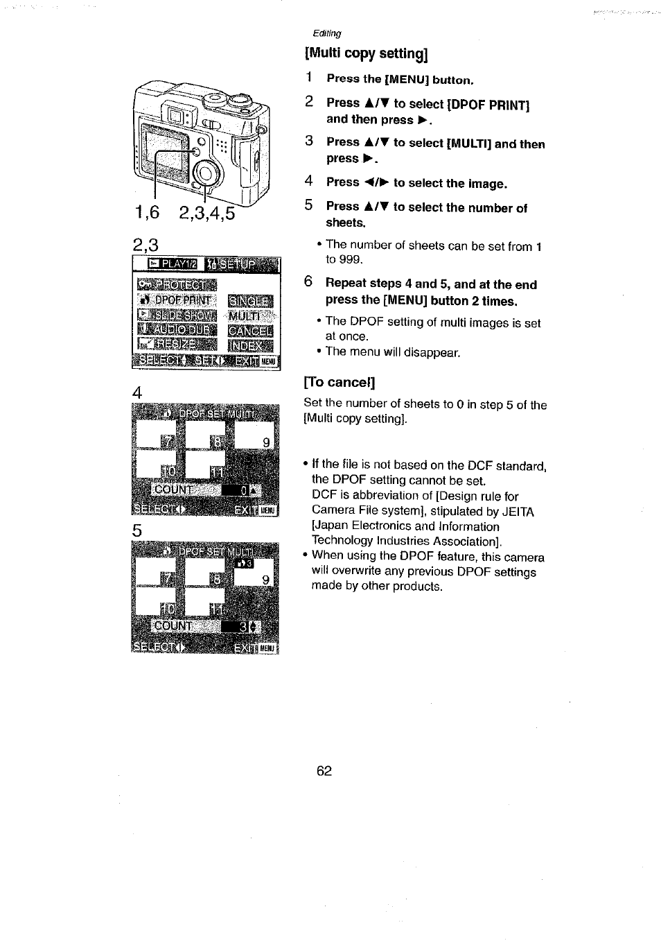 Multi copy setting, 2 press a/t to select [dpof print] and then press, 3 press a/t to select [multi] and then press | 4 press to select the image, 5 press a/v to select the number of sheets, To cancel | Panasonic DMC-LC43A User Manual | Page 62 / 96