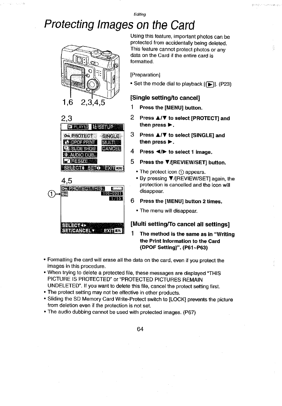 Protecting images on the card, Single setting/to cancel, 1 press the [menu] button | 2 press ж/т to select [protect] and then press, 3 press ж/т to select [single] and then press, 4 press to select 1 image, 5 press the t/[review/set] button, 6 press the [menu] button 2 times, Multi setting/to cancel all settings | Panasonic DMC-LC43A User Manual | Page 64 / 96