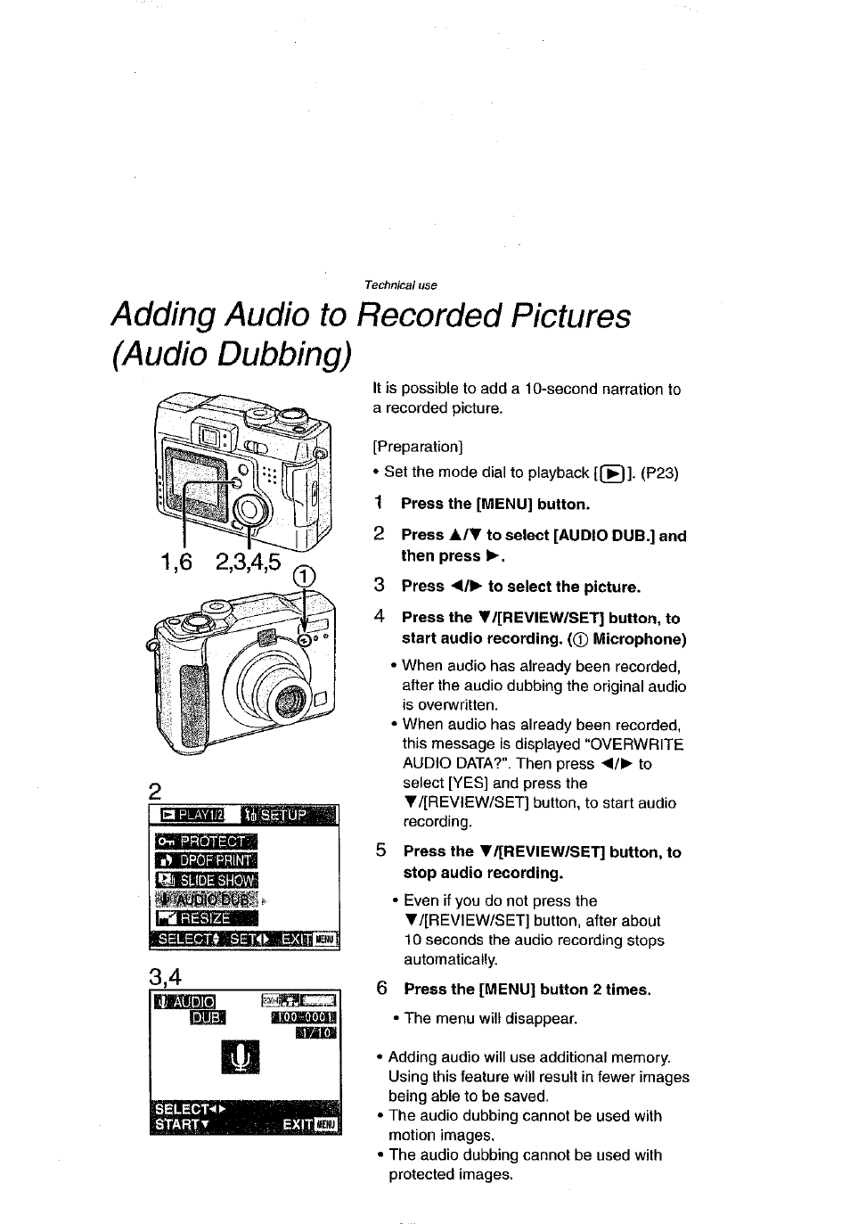 Adding audio to recorded pictures (audio dubbing), 1 press the [menu] button, 2 press a/t to select [audio dub.] and then press | 3 press ◄/► to select the picture, 6 press the [menu] button 2 times | Panasonic DMC-LC43A User Manual | Page 67 / 96
