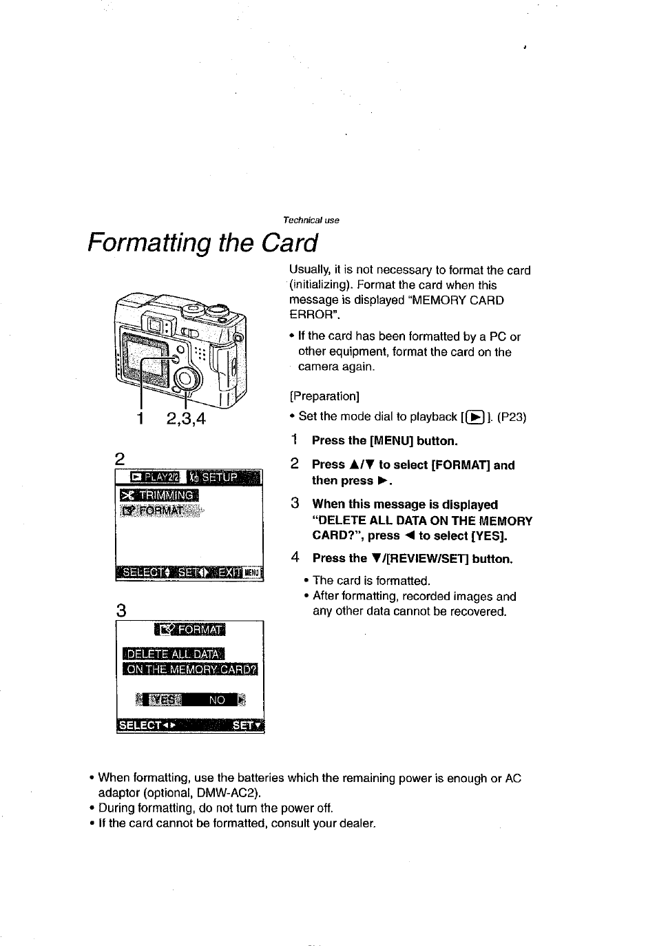 Formatting the card, 1 press the [menu] button, 2 press a/t to select [format] and then press | 4 press the t/[review/set] button | Panasonic DMC-LC43A User Manual | Page 71 / 96