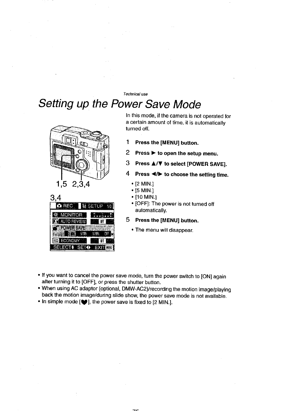 1 press the [menu] button, 2 press ► to open the setup menu, 3 press a/y to select [power save | 4 press ◄/► to choose the setting time, 5 press the [menu] button, Setting up the power save mode | Panasonic DMC-LC43A User Manual | Page 75 / 96
