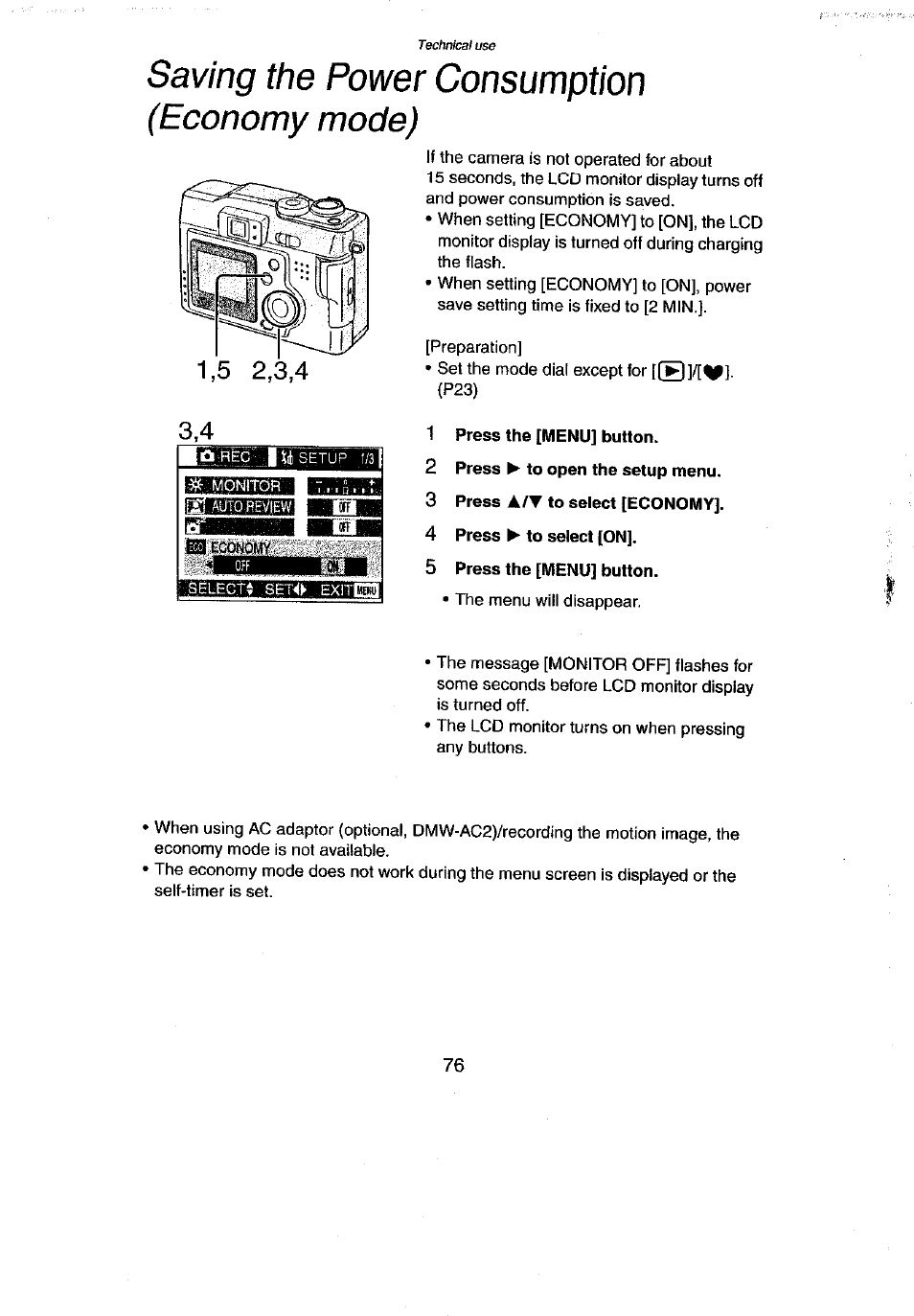 Saving the power consumption, Economy mode), 1 press the [menu] button | 2 press ^ to open the setup menu, 3 press a/t to select [economy, 4 press ► to select [on, 5 press the [menu] button, Saving the power consumption (economy mode), Oehbel | Panasonic DMC-LC43A User Manual | Page 76 / 96