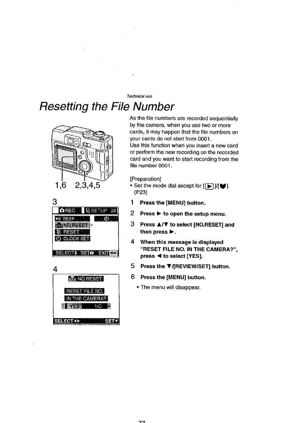 Resetting the file number, 1 press the [menu] button, 2 press ^ to open the setup menu | 3 press a/v to select [no.reset] and then press, 5 press the t/[review/set] button, 6 press the [menu] button | Panasonic DMC-LC43A User Manual | Page 77 / 96
