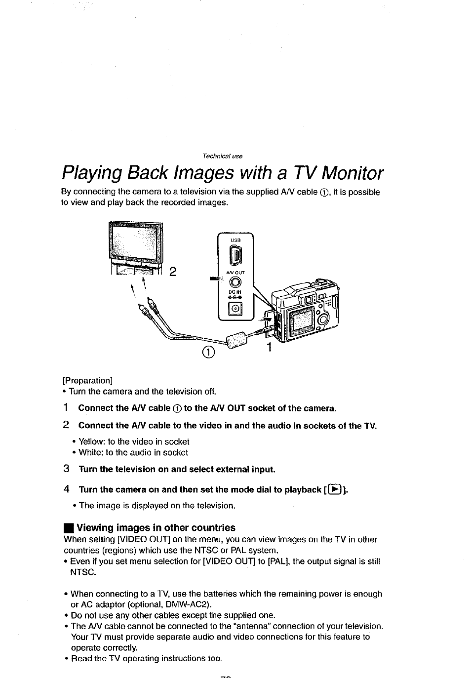 Playing back images with a tv monitor, 3 turn the television on and select external input, Viewing images in other countries | Panasonic DMC-LC43A User Manual | Page 79 / 96