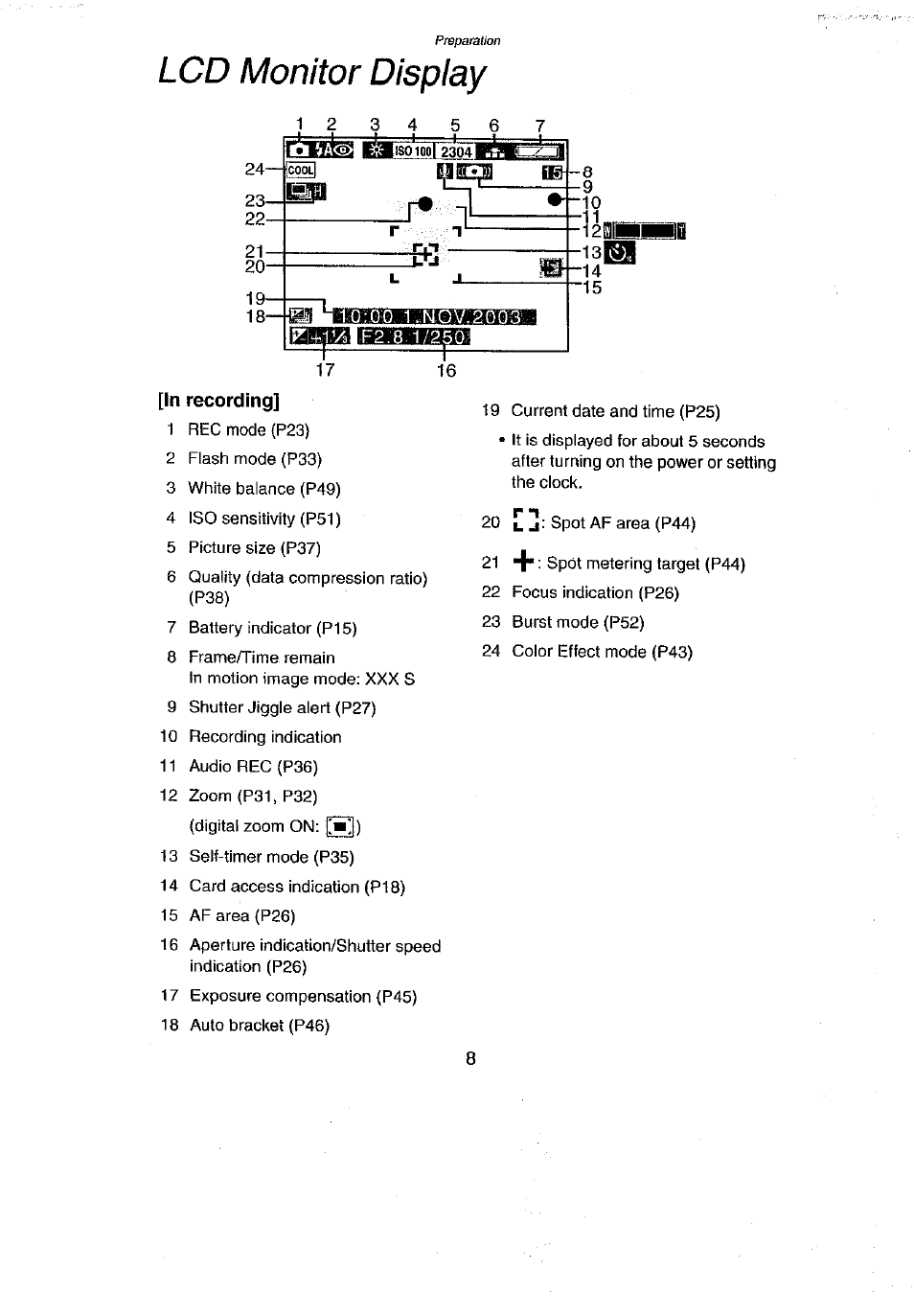 Lcd monitor display, In recording | Panasonic DMC-LC43A User Manual | Page 8 / 96