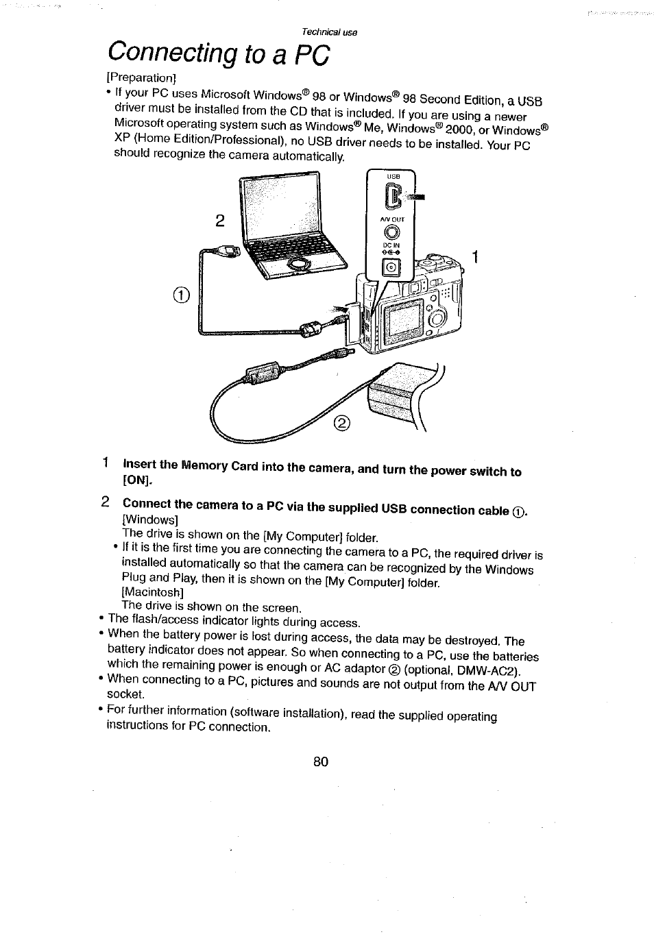 Connecting to a pc | Panasonic DMC-LC43A User Manual | Page 80 / 96