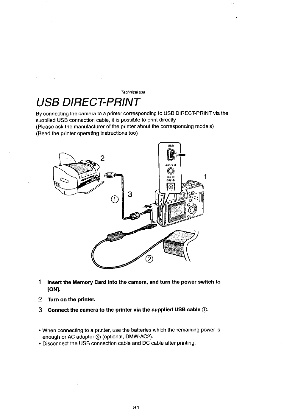 2 turn on the printer, Usb direct-print | Panasonic DMC-LC43A User Manual | Page 81 / 96