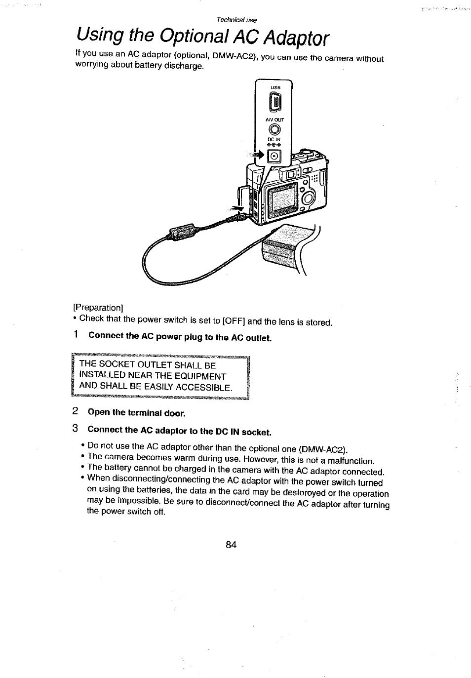 Using the optional ac adaptor, 2 open the terminal door, 3 connect the ac adaptor to the dc in socket | Using the ac adaptor | Panasonic DMC-LC43A User Manual | Page 84 / 96