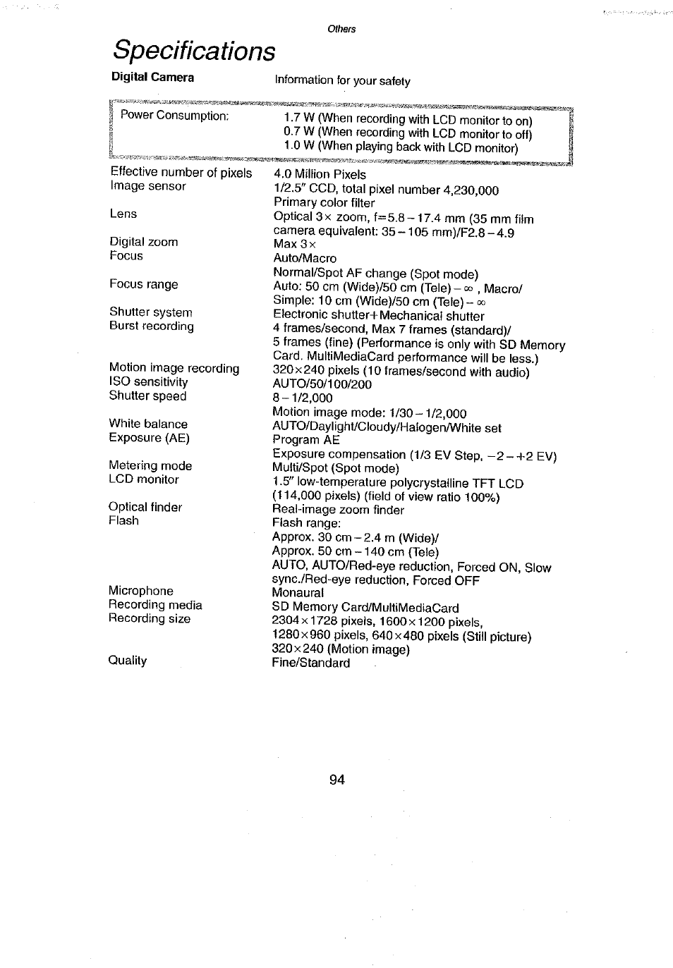 Specifications | Panasonic DMC-LC43A User Manual | Page 94 / 96