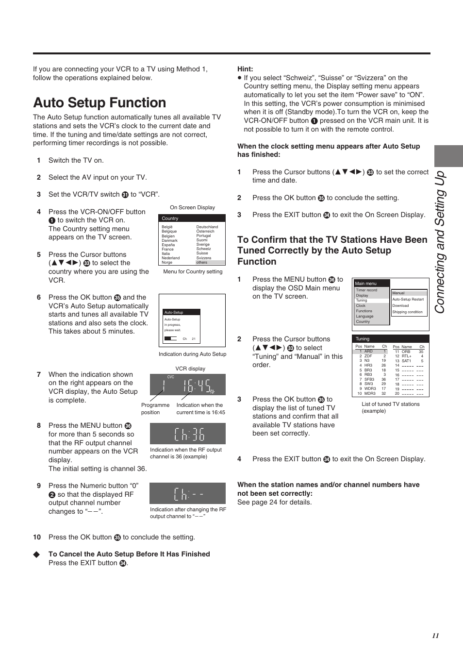 Auto setup function, Connecting and se tting up | Panasonic NV-SJ260 User Manual | Page 11 / 38