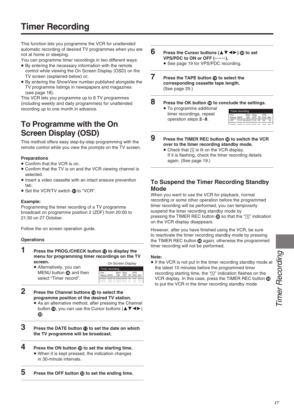Timer recording, Press the off button f to set the ending time | Panasonic NV-SJ260 User Manual | Page 17 / 38