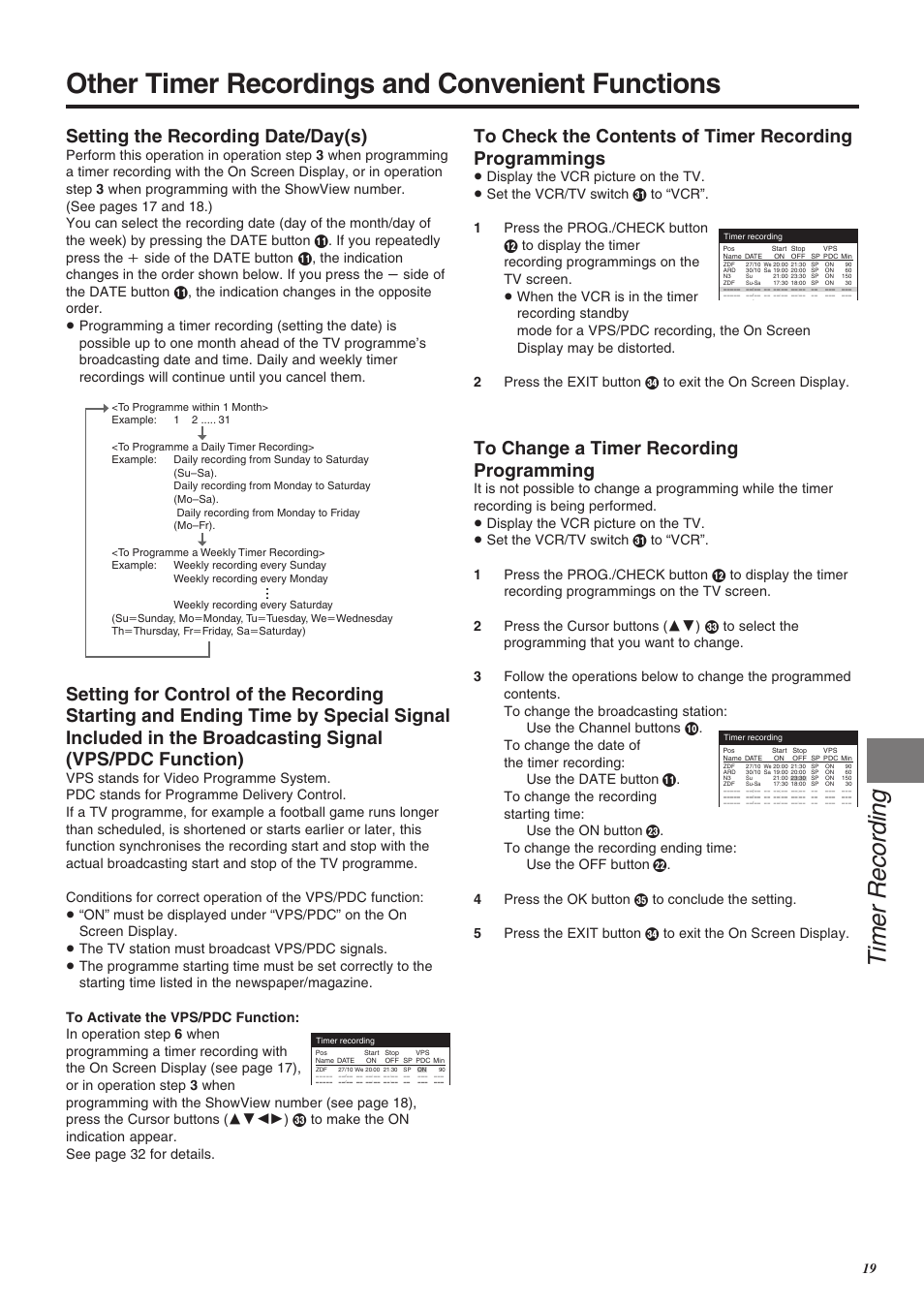 Other timer recordings and convenient functions, Timer recording, Setting the recording date/day(s) | Panasonic NV-SJ260 User Manual | Page 19 / 38