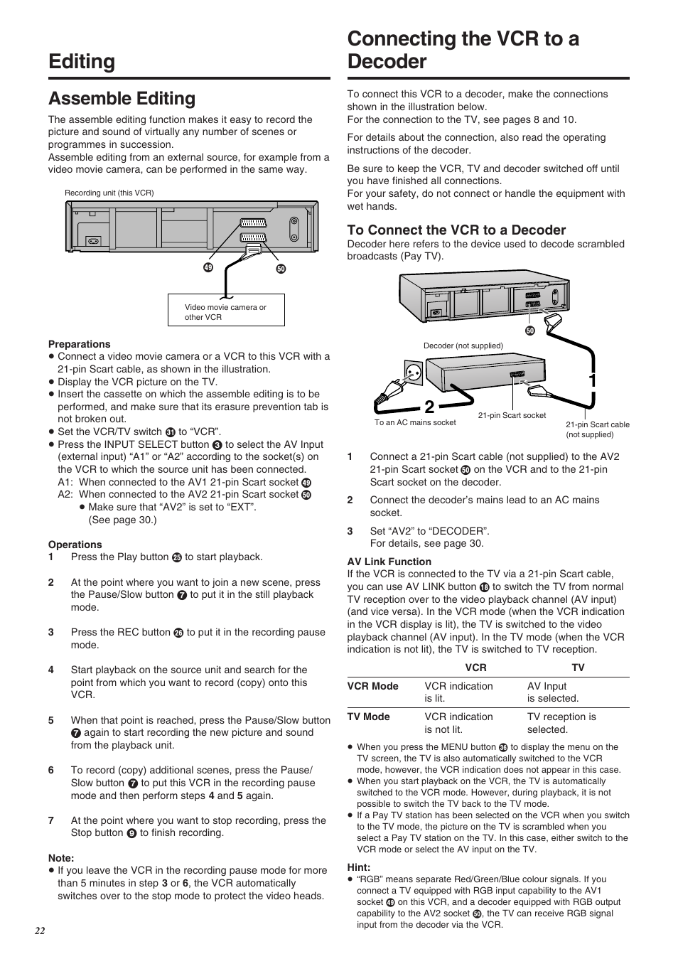 Connecting the vcr to a decoder, Editing, Assemble editing | Panasonic NV-SJ260 User Manual | Page 22 / 38