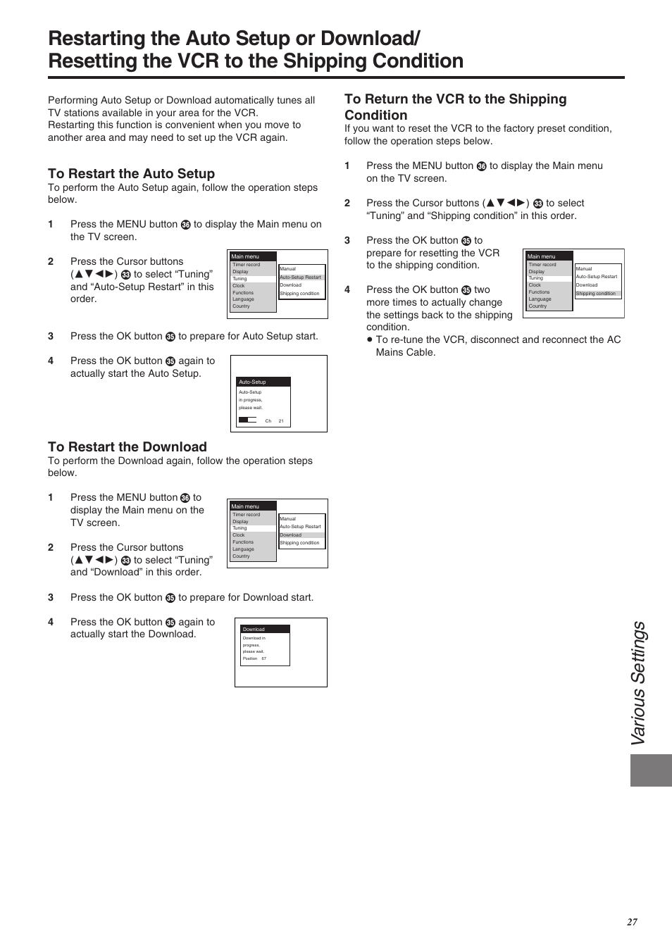Va rious se ttings | Panasonic NV-SJ260 User Manual | Page 27 / 38