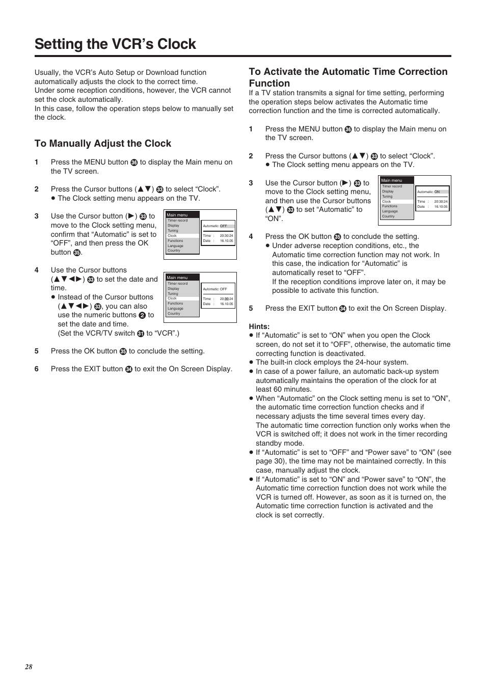 Setting the vcr’s clock | Panasonic NV-SJ260 User Manual | Page 28 / 38