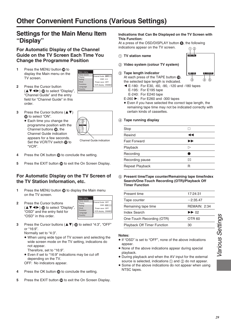 Other convenient functions (various settings), Va rious se ttings, Settings for the main menu item “display | Panasonic NV-SJ260 User Manual | Page 29 / 38